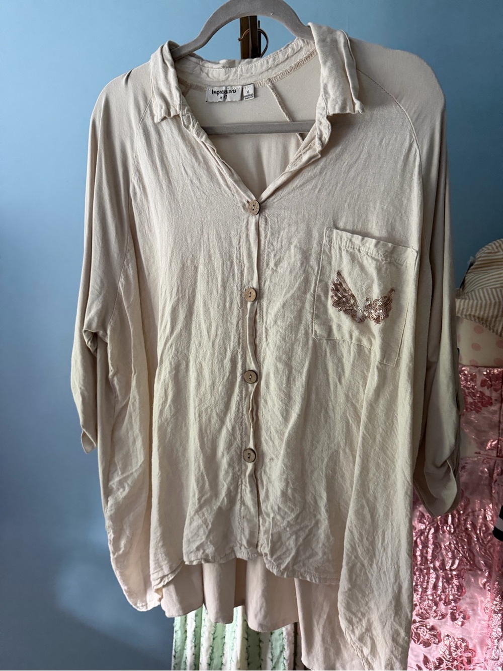 Impressions Cream Button-Down angel wing with Embroidered Pocket shirt